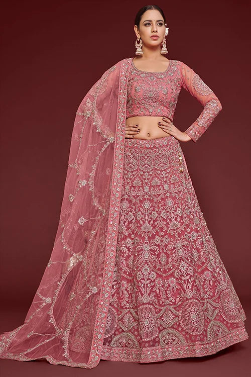 Fantasy Rose Soft Net Thread Zari Embroidery Work Lehenga Choli With Dupatta Clothsvilla