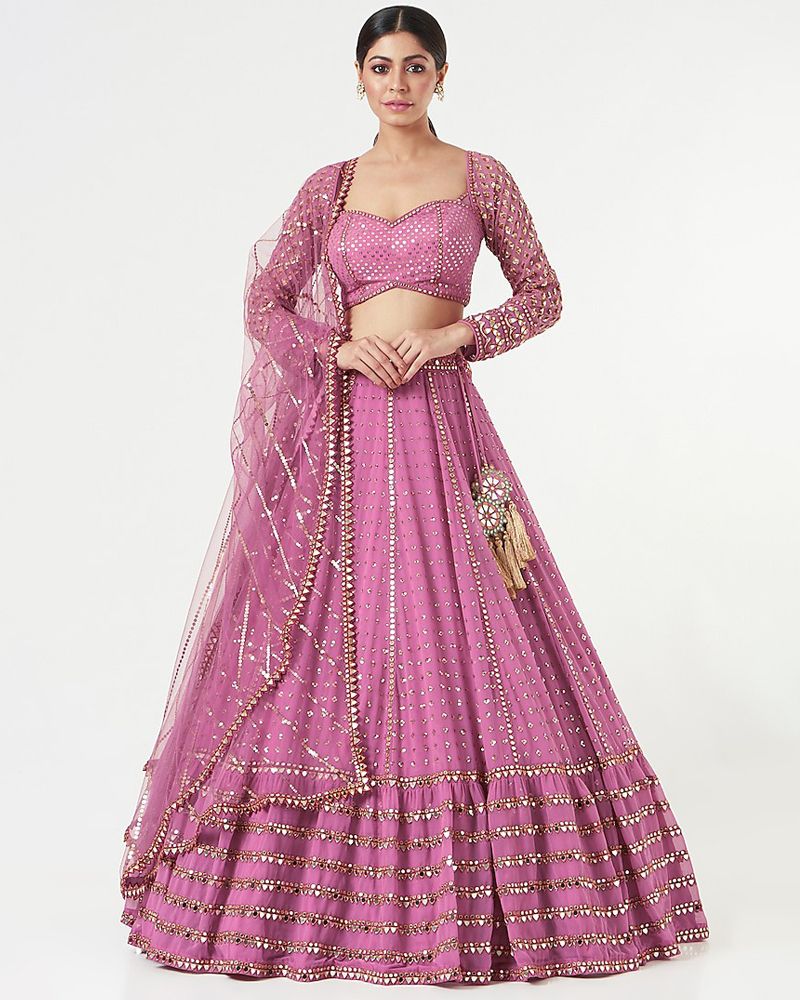 Babyhug Woven Three Fourth Sleeves Georgette Sequin Embroidered Choli Lehenga & Dupatta Set - Purple main image 1