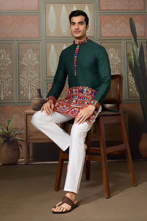 Navratri Style Green Cotton Readymade Kurta for Men Clothsvilla