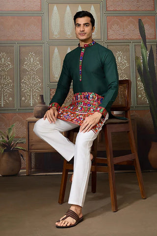 Navratri Style Green Cotton Readymade Kurta for Men Clothsvilla