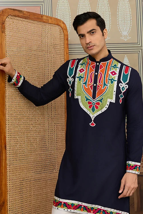 Navy Blue Embroidered Festival Wear Kurta for Men Clothsvilla