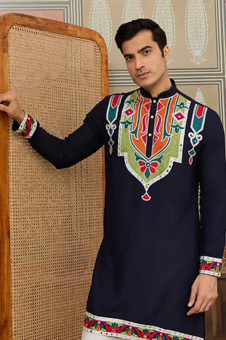 Navy Blue Embroidered Festival Wear Kurta for Men Clothsvilla