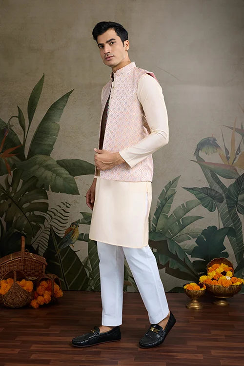 Traditional Beige Kurta Set with Koti Jacket Clothsvilla