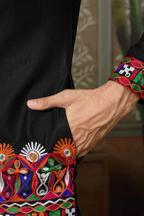 Black Cotton Silk Traditional Ready Kurta for Navratri Clothsvilla