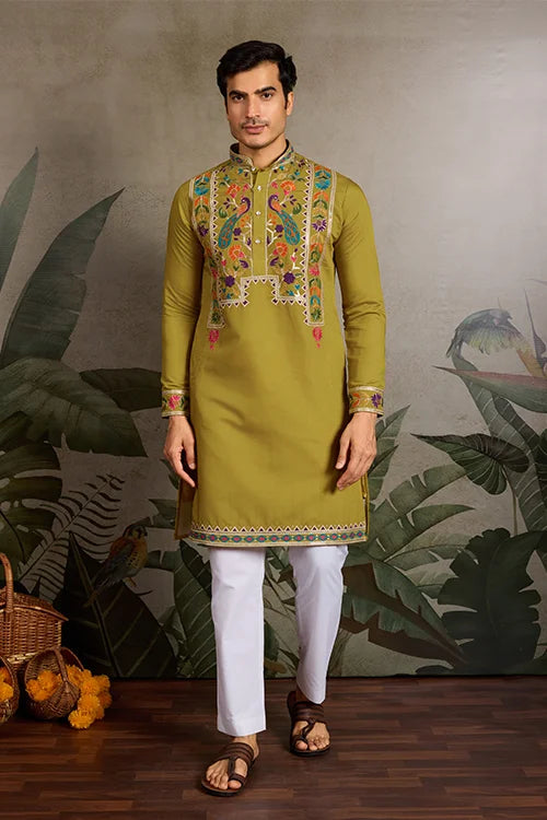 Festive Wear Flourescent Green Embroidered Kurta for Men Clothsvilla