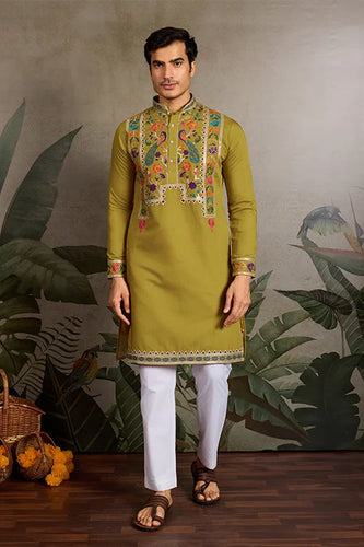 Festive Wear Flourescent Green Embroidered Kurta for Men Clothsvilla