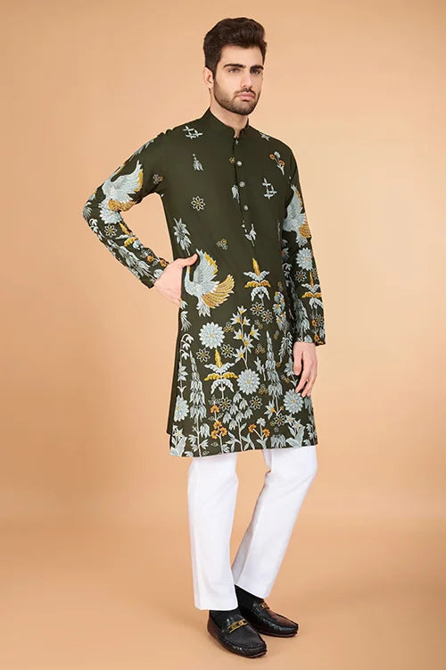 Olive Viscose Rayon Designer Men's Kurta for Festive Clothsvilla