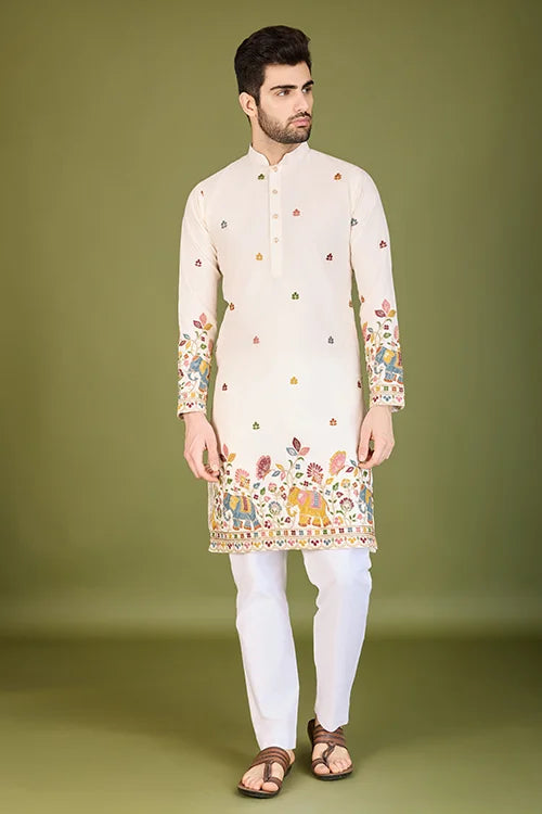 White Color Heavy Embroidered with Cotton Mens Wear Kurta Clothsvilla