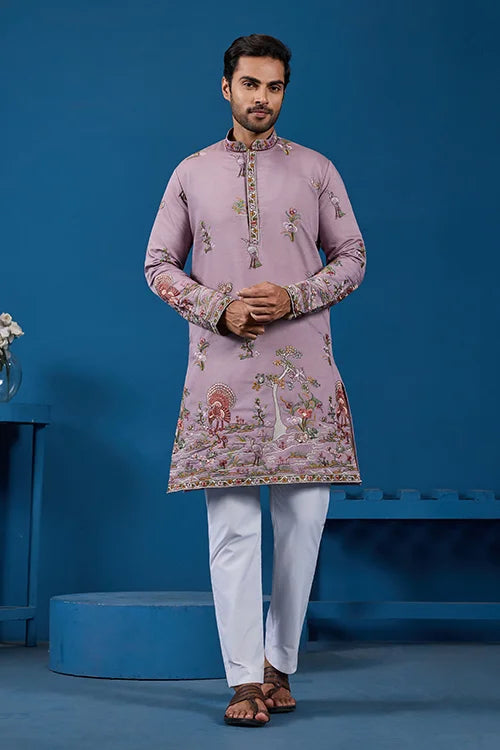 Heavy Embroidered Dusty Pink Kurta for Men Clothsvilla