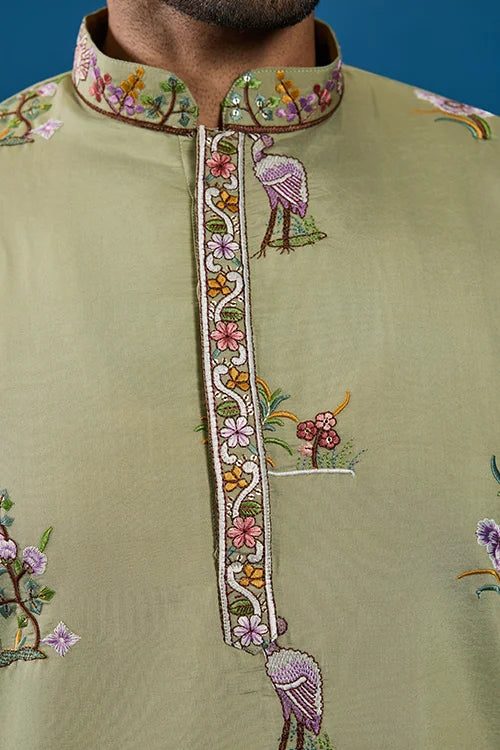 Traditional Pista Green Embroidered Kurta for Men Clothsvilla