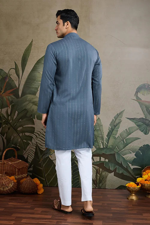 Diwali Special Blue Grey Viscose Silk Kurta with Mirror Work Clothsvilla