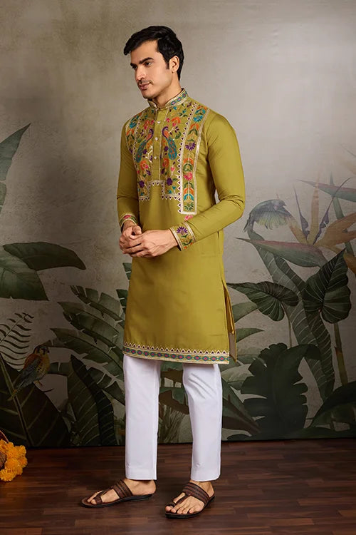 Festive Wear Flourescent Green Embroidered Kurta for Men Clothsvilla