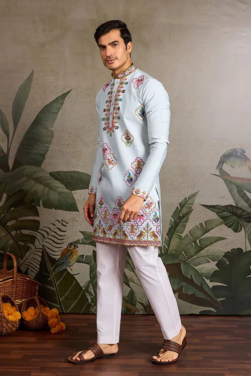 Elegant Look Indian Festive Sky Blue Kurta for Men Clothsvilla