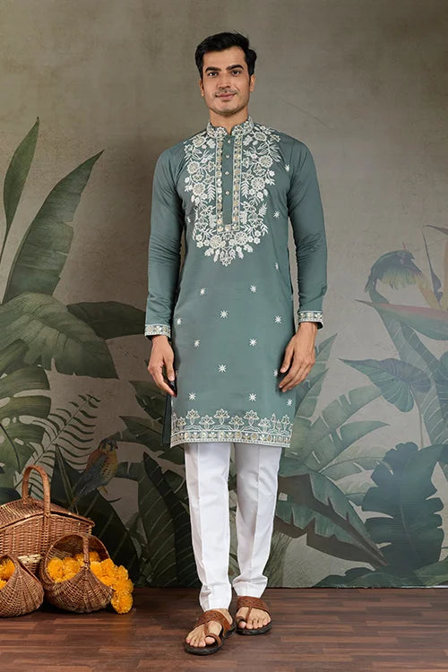 Pastel Pista Viscose Silk Embroidered Kurta for Men Clothsvilla