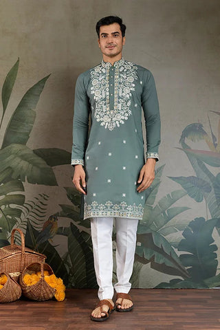 Pastel Pista Viscose Silk Embroidered Kurta for Men Clothsvilla