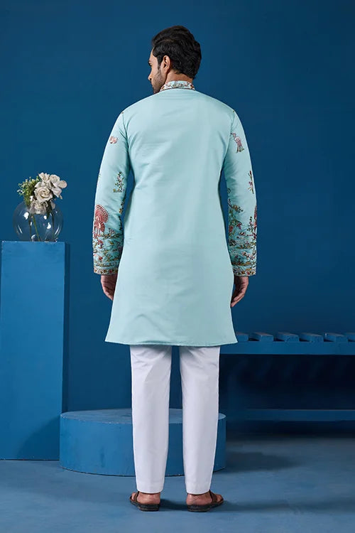 Wedding Celebration Elegant Sky Kurta for Mens Wear Clothsvilla