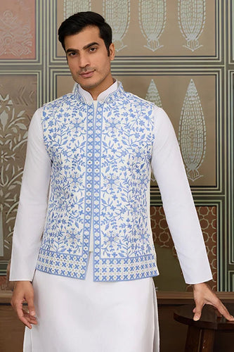 Traditional White Kurta Blue Koti Pajama for Men Clothsvilla