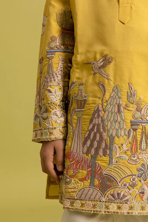 Vantara Style Yellow Kids Kurta Pajama Outfit Clothsvilla