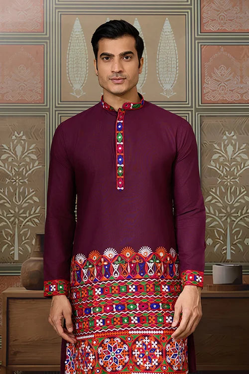 Navratri Wine Cotton Kurta for Mens with Pajama Clothsvilla