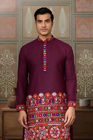 Navratri Wine Cotton Kurta for Mens with Pajama Clothsvilla
