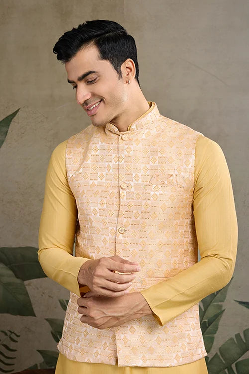Yellow Roman Silk Kurta with Jacquard Koti Elegant Ethnic Wear Clothsvilla