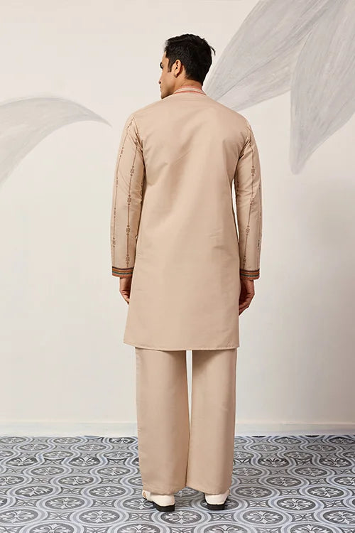Premium Beige Embroidered V Neck Kurta Pant Set Clothsvilla