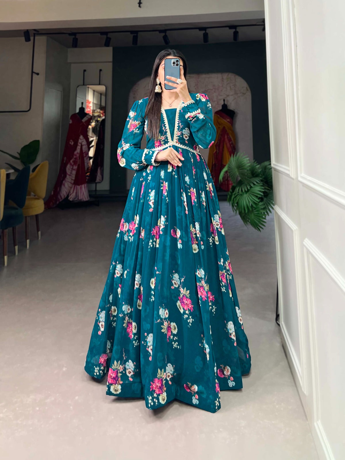 Floral Print Firozi Georgette Gown with Dupatta ClothsVilla Main image