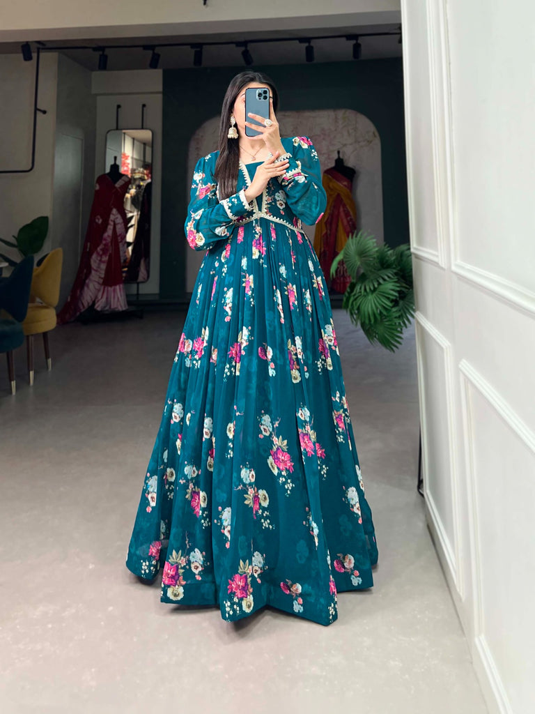 Floral Print Firozi Georgette Gown with Dupatta ClothsVilla