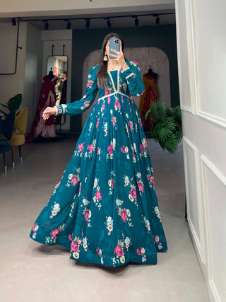 Floral Print Firozi Georgette Gown with Dupatta ClothsVilla