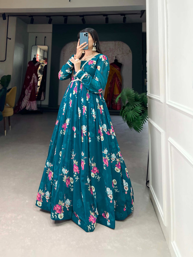 Floral Print Firozi Georgette Gown with Dupatta ClothsVilla