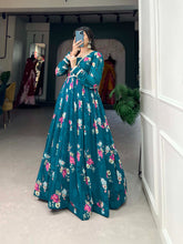 Load image into Gallery viewer, Floral Print Firozi Georgette Gown with Dupatta ClothsVilla