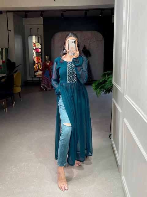Shimmering Sequin Firozi Blue Embroidered Naira Style Kurti ClothsVilla Main image