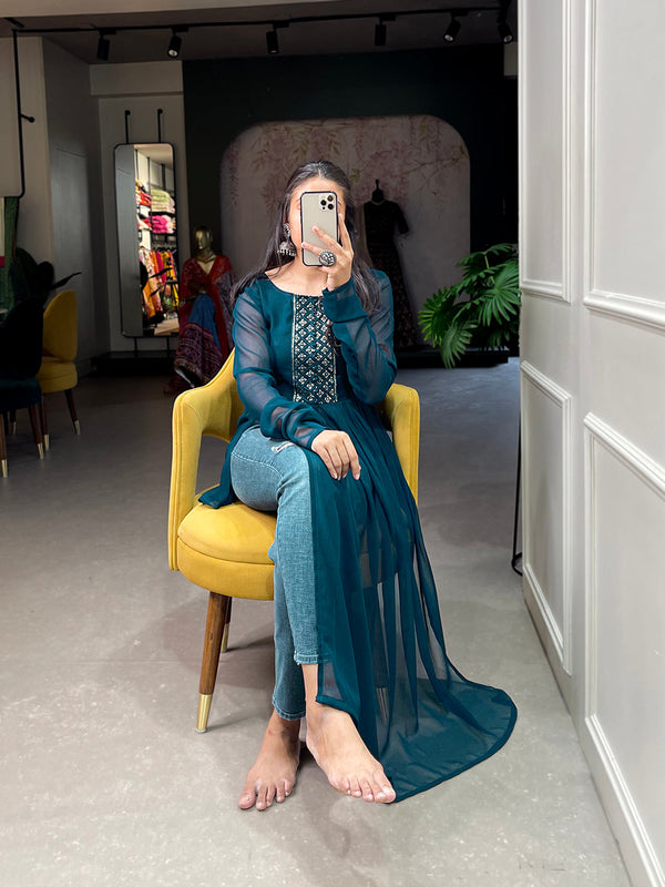 Shimmering Sequin Firozi Blue Embroidered Naira Style Kurti ClothsVilla