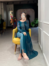 Load image into Gallery viewer, Shimmering Sequin Firozi Blue Embroidered Naira Style Kurti ClothsVilla