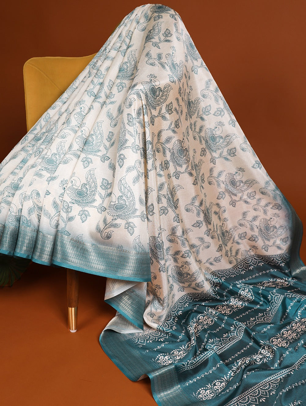 Firozi Blue Dola Silk Saree with Printed Work and Zari Border ClothsVilla