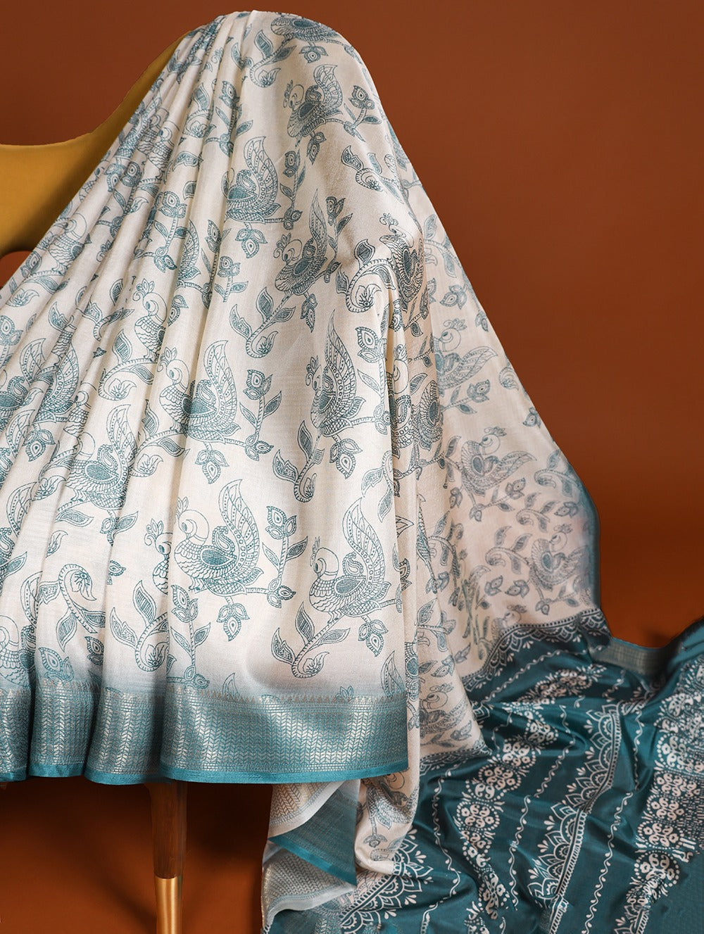 Firozi Blue Dola Silk Saree with Printed Work and Zari Border ClothsVilla