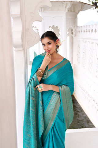 Firozi Elegant Chinon Saree with Self Print & Zari Weaving Work Unstitched Blouse Included ClothsVilla