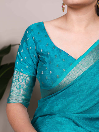 Firozi Elegant Chinon Saree with Self Print & Zari Weaving Work Unstitched Blouse Included ClothsVilla