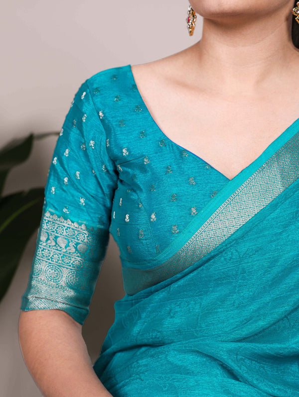 Firozi Elegant Chinon Saree with Self Print & Zari Weaving Work Unstitched Blouse Included ClothsVilla