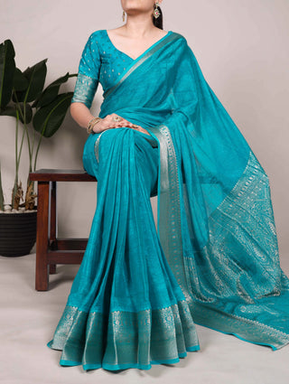 Firozi Elegant Chinon Saree with Self Print & Zari Weaving Work Unstitched Blouse Included ClothsVilla