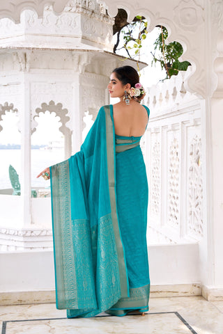 Firozi Elegant Chinon Saree with Self Print & Zari Weaving Work Unstitched Blouse Included ClothsVilla