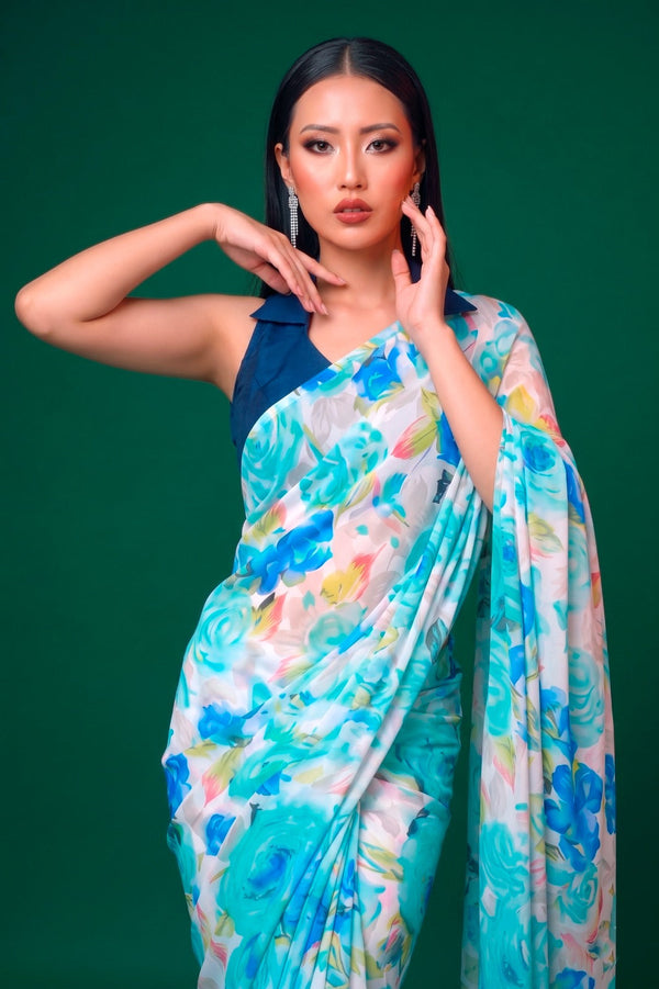 Firozi Elegant Floral Printed Dull Satin Saree with Moonga Silk Blouse ClothsVilla