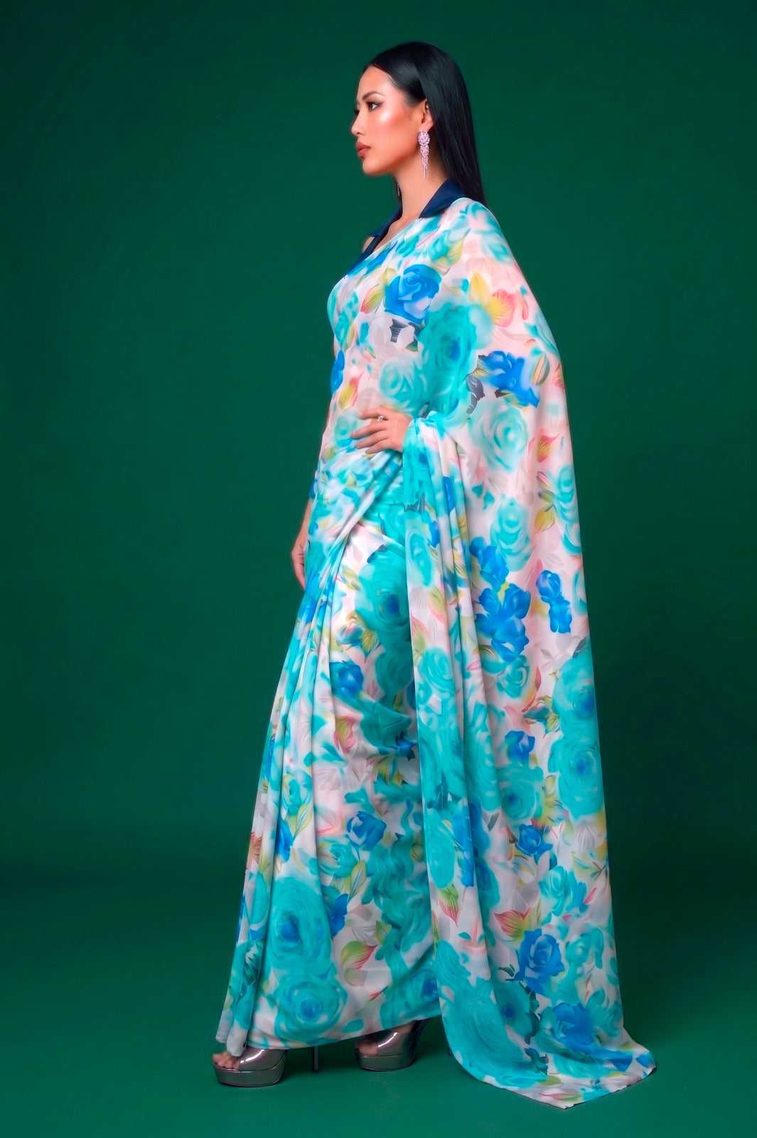 Firozi Elegant Floral Printed Dull Satin Saree with Moonga Silk Blouse ClothsVilla