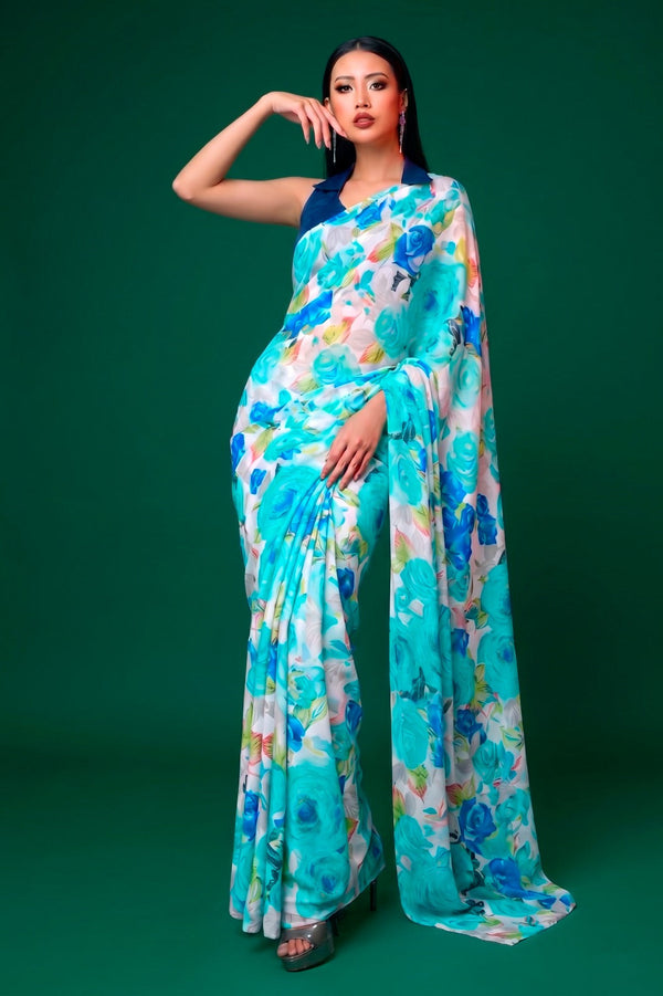 Firozi Elegant Floral Printed Dull Satin Saree with Moonga Silk Blouse ClothsVilla