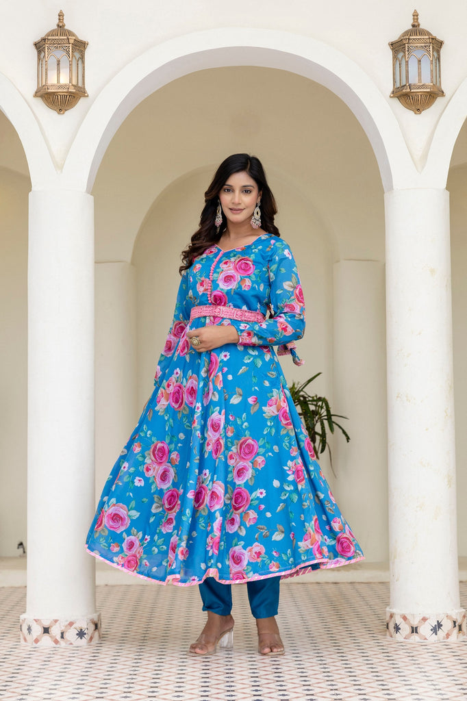 Sky Blue Floral Digital Printed Chinon Co-Ord Set with Dupatta – Fully Stitched & Ready to Wear ClothsVilla