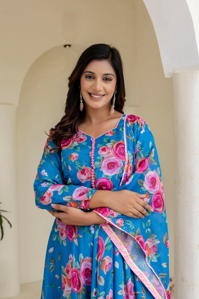 Sky Blue Floral Digital Printed Chinon Co-Ord Set with Dupatta – Fully Stitched & Ready to Wear ClothsVilla