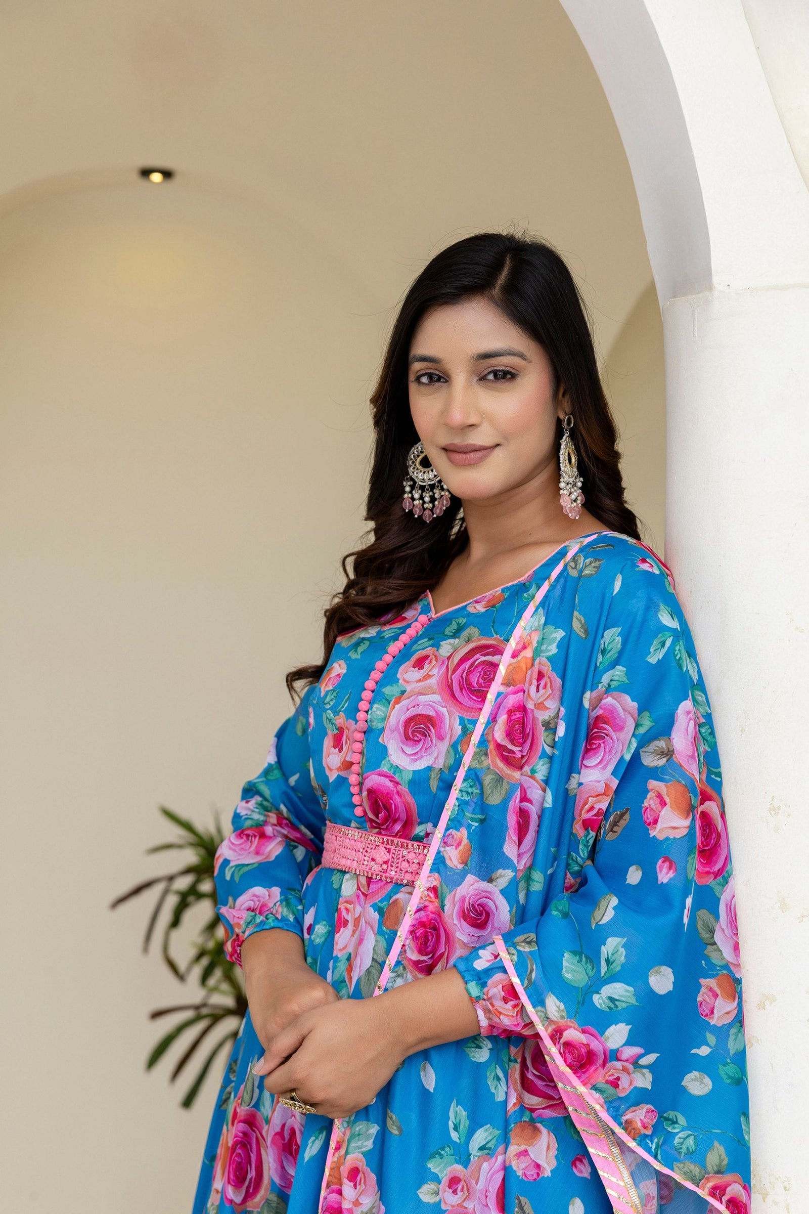 Sky Blue Floral Digital Printed Chinon Co-Ord Set with Dupatta – Fully Stitched & Ready to Wear ClothsVilla