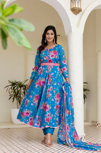 Sky Blue Floral Digital Printed Chinon Co-Ord Set with Dupatta – Fully Stitched & Ready to Wear ClothsVilla