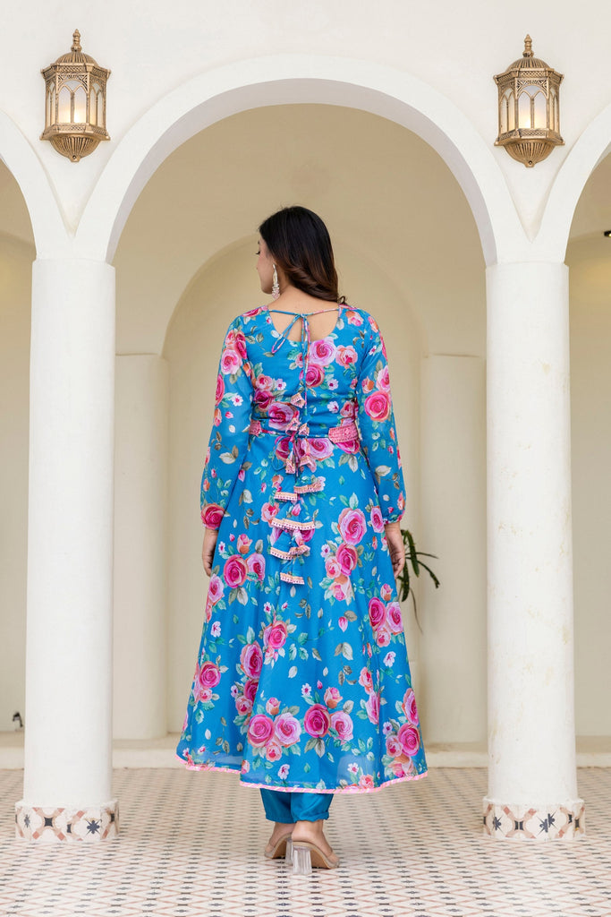 Sky Blue Floral Digital Printed Chinon Co-Ord Set with Dupatta – Fully Stitched & Ready to Wear ClothsVilla