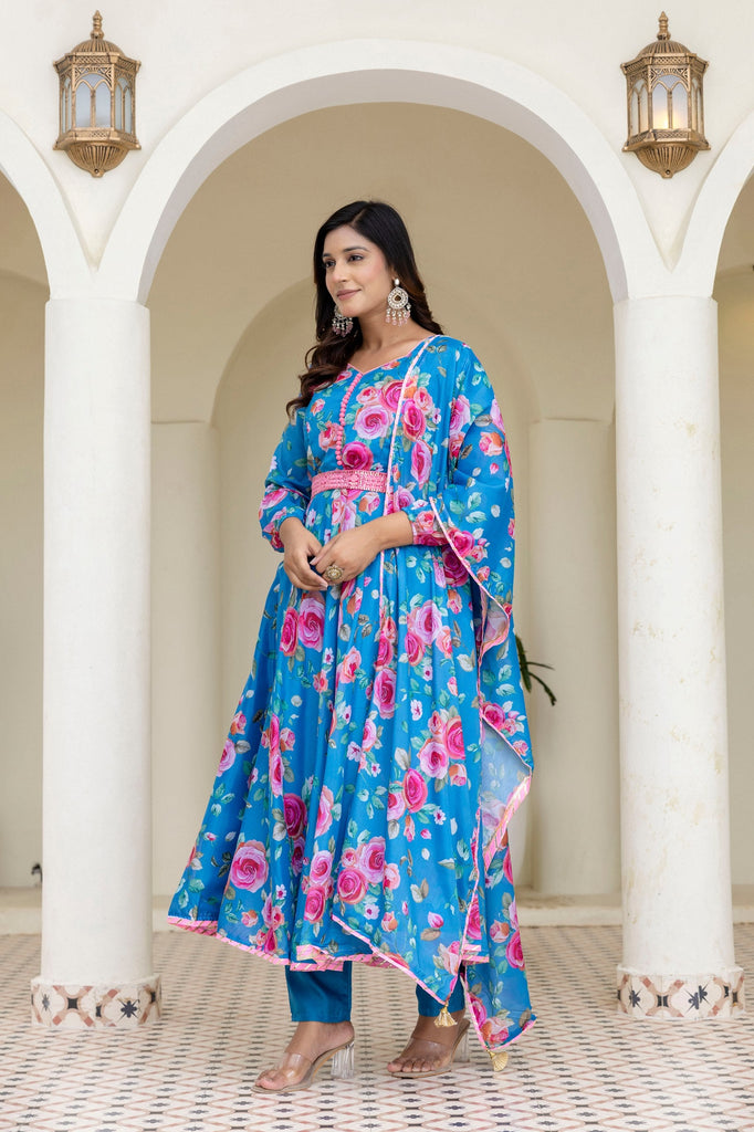 Sky Blue Floral Digital Printed Chinon Co-Ord Set with Dupatta – Fully Stitched & Ready to Wear ClothsVilla